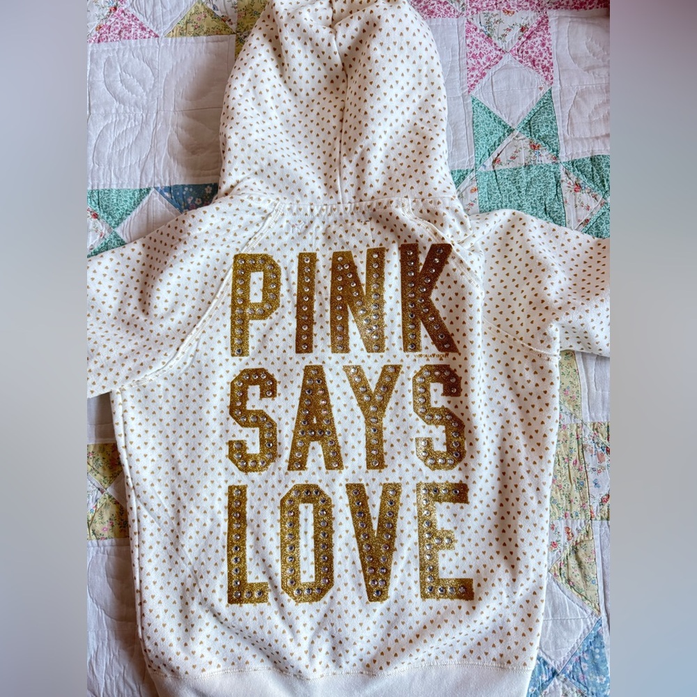 HTF Vintage Victoria's Secret PINK “Pink Says Love” Gold Heart Hoodie